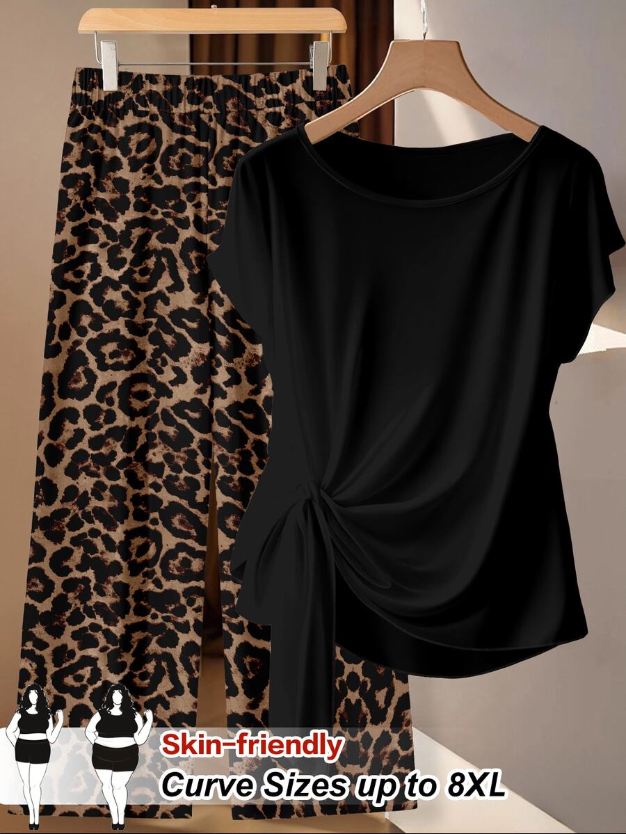 SHEIN CURVE+ 復古豹紋上衣與長褲大尺碼兩件套 - 彩色 - 查看 1