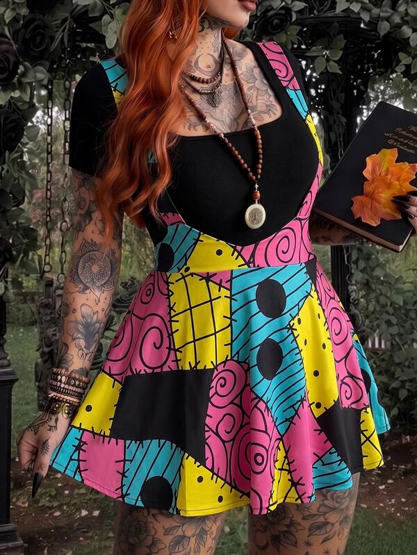 Whyspr Grunge Punk Plus Size Women's Casual Goth Spaghetti Strap Printed A-Line Dress, Vintage Y2K Style Halloween Party Black Butter Yellow Summer