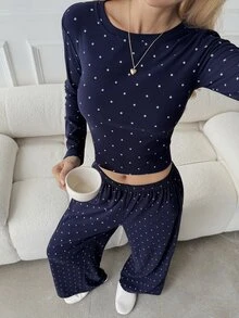 DAZY Women's Polka Dot Top And Pants Casual 2 Pieces Set - Navy Blue - View 6