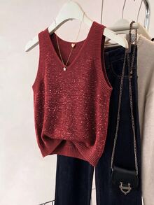 SHEIN 2026新款女款閃亮金針織背心上衣－圓領、羅紋袖口設計、短版剪裁，完美融合90年代復古魅力與極簡時尚，適合早午餐約會、夜晚外出及春夏日常穿搭 - 酒紅色 - 查看 6