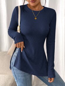 SHEIN Frenchy 女款休閒度假長袖T恤，開衩下擺設計 - 寶藍色 - 查看 3