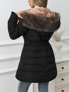 SHEIN Clasi معطف شتوي مبطن للنساء من الفرو الصناعي بتصميم مرقع مع بطانية رأس وجيوب - الأسود - مشاهدة 3