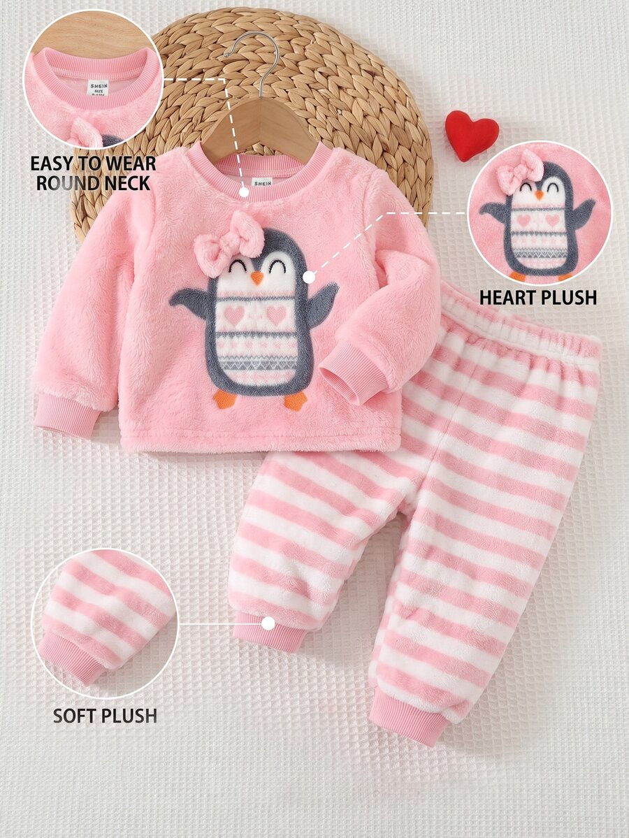 SHEIN Baby Girl Autumn/Winter Penguin Pattern Bow Accessory Cute Flannel Comfortable Warm Home Wear Suitable For Various Casual Occasions - Pink - View 1