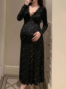 Dazy Maternity Bowknot All-Over Floral Print Slim Fit Waist-Cinching Lace Trim Long Sleeve Elegant Home Daily Spring Autumn Long Dress Maternity Dress - Black - View 5