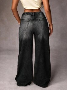 Jeanoix Plus Size Women's Pocket Rhinestone Wide Leg Loose Casual Denim Jeans - Black - View 2