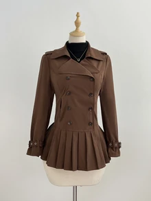 Elamini Women's Coffee Brown Double-Breasted Pleated Hem Trench Coat - Coffee Brown - View 5