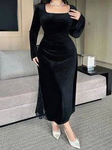 Dazy Plus Velvet Fitted Elastic Bodycon Elegant Banquet Contrast Lace Mermaid Dress Spring/Autumn New Style - Black - View 1