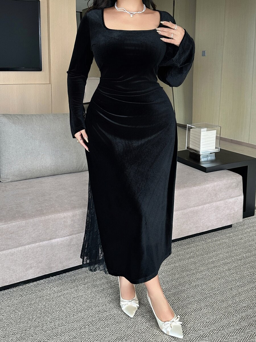 Dazy Plus Velvet Fitted Elastic Bodycon Elegant Banquet Contrast Lace Mermaid Dress Spring/Autumn New Style - Black - View 1