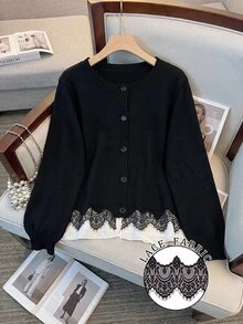 GlowEve CURVE 1pc Women's Plus Size Round Neck Fitted Elegant Long Sleeve Asymmetrical Hem Contrast Lace Knit Cardigan, Suitable For Daily Commute And Date, Spring And Autumn - Black - View 1