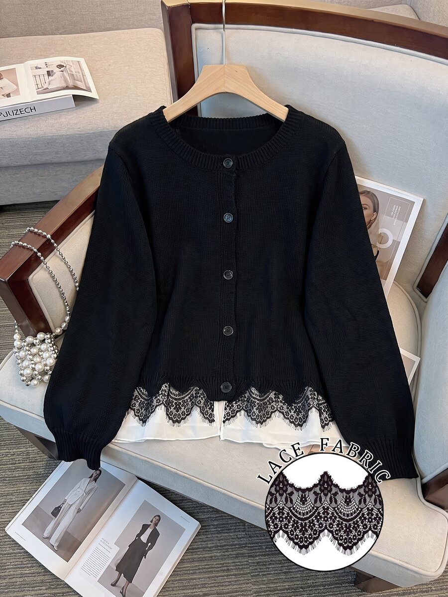 GlowEve CURVE 1pc Women's Plus Size Round Neck Fitted Elegant Long Sleeve Asymmetrical Hem Contrast Lace Knit Cardigan, Suitable For Daily Commute And Date, Spring And Autumn - Black - View 1