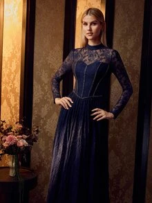 MOTF PREMIUM WOMEN'S ELEGANT MOCK NECK LONG SLEEVES LACE MAXI GOWN FOR FORMAL EVENING PARTY, WEDDINGS, GALAS - Navy Blue - View 4