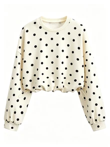 Olithes New Round Neck Polka Dot Drawstring Hem Sweatshirt - Apricot - View 1