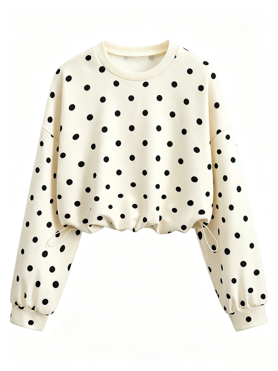Olithes New Round Neck Polka Dot Drawstring Hem Sweatshirt - Apricot - View 1