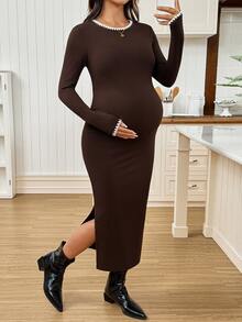 SHEIN Maternity Autumn Casual Side Slit Fitted Dress - Brown - View 3