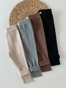 SHEIN Vintaside Kids Baby Girl Autumn/Winter Casual All-Match Minimalist Versatile Comfortable Fleece-Lined Thick Knit Solid Color Leggings 4pcs Set, Suitable For Daily Casual Wear, Outings, School Outfits - Multicolor - View 5
