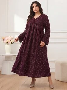 Al Najma Plus Size Women's Arabic Botanical Print Long Sleeve Button Design Dress - Multicolor - View 4