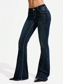 Jeanoix Jeans Denim Biru Flare Pinggang Tinggi Gaya Vintage Kasual Musim Gugur untuk Pergi Keluar, Washed, Ukuran Besar untuk Wanita - Dark Wash - View 8