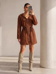 Xyvia 女款休閒度假開襟落肩抽繩貼袋連帽中長版輕便外套，適合春季、秋季與初冬 - 棕色 - 查看 3