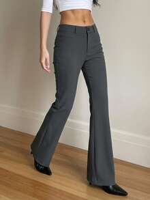 Livesso Women's Solid Color Waist Button Design Flared Elegant Suit Pants Fall - Grey - View 8