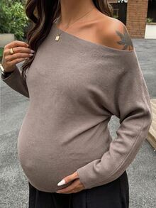 Dazy Maternity 寬鬆素色休閒長袖日常穿著初秋孕婦毛衣 - 卡其色 - 查看 4