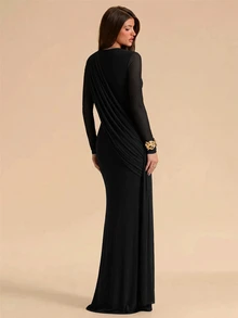 SHEIN BAE Women's Elegant Party Solid Color Wrap Mermaid Dress - Black - View 2