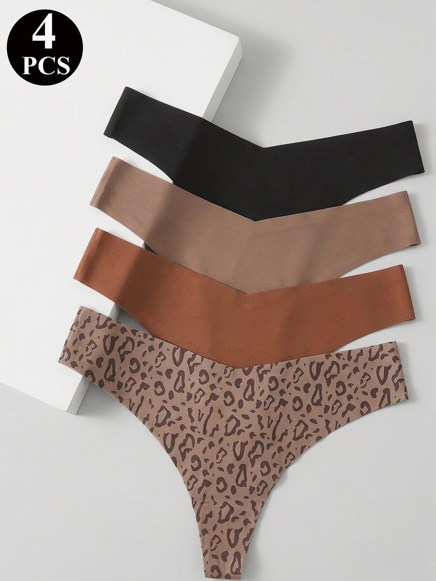 SHEIN 4pcs Women's Seamless Solid Color Mid-Waist Thongs - Multicolor - View 1