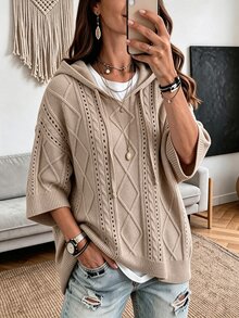 SHEIN 女款秋季休閒純色連帽毛衣 - 杏色 - 查看 2