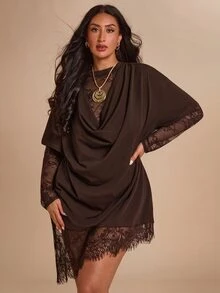 SHEIN BAE CURVE 大尺碼女款卡其色刺繡A字拼接長裙，優雅超長洋裝 - 咖啡棕 - 查看 5