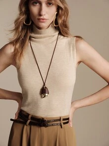 Anewsta Essential Internet Celebrity High-End High Neck Knitted Sleeveless Vest, Solid Color Soft Loose Versatile Outerwear Layering Knit Vest - Khaki - View 6