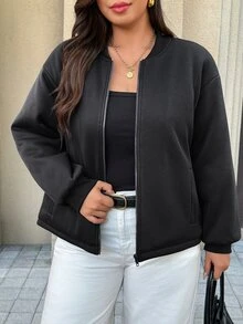 Easura Plus Size Women's Autumn/Winter Long Sleeve Short Baseball Jacket Cotton Padded - Black - View 5