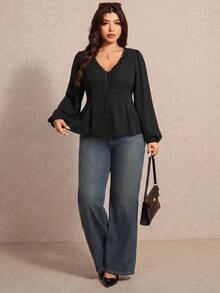 Elaquor Autumn New Plus Size Black Solid V-Neck Long Sleeve Blouse - Black - View 3