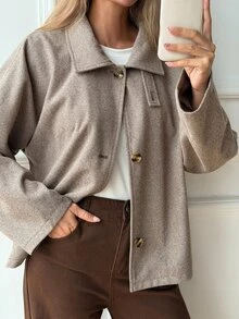 DAZY Áo khoác dáng ngắn nữ phong cách vintage thanh lịch, cổ đứng, form rộng, chất tweed, đa năng cho đi làm văn phòng, hẹn hò, mùa Thu/Đông - Màu Khaki - Xem 3