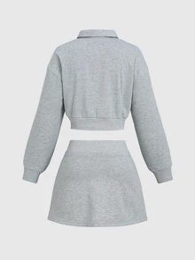 Sweetra Women's 2 Pieces Set Solid Color Top And Skirt With Tie Knot, Elegant Preppy Style - Grey - View 2