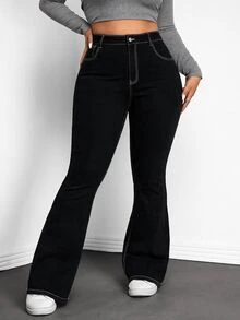 Jeanoix Plus Size Women's Cross Embroidery Pattern Casual Daily Wear Flare Jeans - Black - View 2