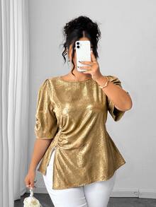 Elenzga Plus Size Women's Elegant Exquisite Gold-Tone Petal Sleeve Side Twist Ruched Slit Pearl Decor Woven Short Sleeve Blouse, Versatile For Daily Wear And Multiple Occasions - Gold - View 1