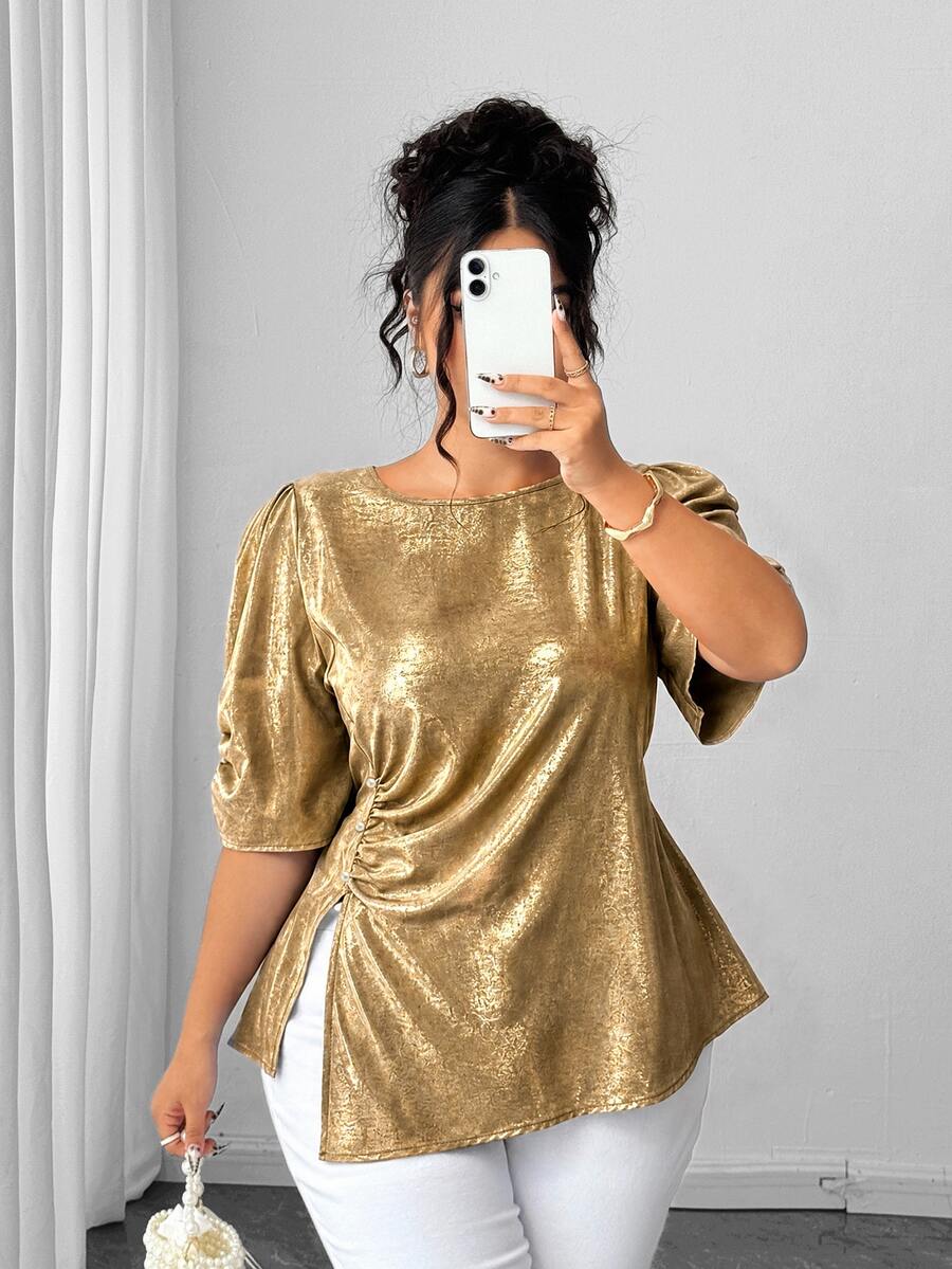 Elenzga Plus Size Women's Elegant Exquisite Gold-Tone Petal Sleeve Side Twist Ruched Slit Pearl Decor Woven Short Sleeve Blouse, Versatile For Daily Wear And Multiple Occasions - Gold - View 1