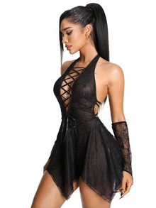 AltBold Halloween Spider Web Sheer Sexy Deep V-Neck Halter Cross Strap Dress With Sleeves 3-Piece Set - Black - View 4