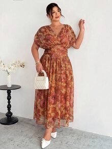 Firerie 女款優雅波西米亞度假通勤休閒法式浪漫交叉褶皺蝙蝠袖收腰傘擺長洋裝 V領性感米色 - 棕色 - 查看 5