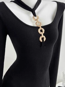 Elamini Women's Metal Decor Long Sleeve Fitted Elegant Sweater - Black - View 5
