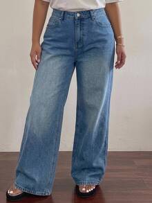 Dazy Plus Vintage Washed Grey Denim Long Straight Leg Jeans, Versatile All-Season Style - Dark Wash - View 2
