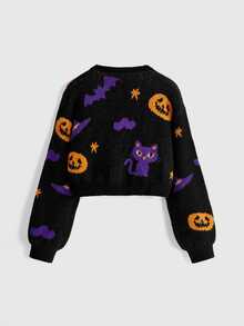 ROMWE Avant Women's Open Front Halloween Pumpkin & Skull Knit Cardigan - Black - View 2