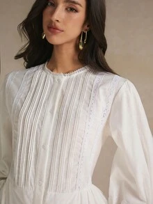 Poéselle Women's Solid Color Round Neck Ruffle Cuff Single-Breasted Casual Mini Dress - White - View 3