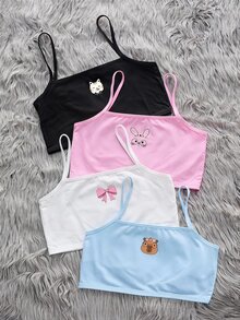 4件組少女可愛方領無肩帶無鋼圈內衣，黑色、粉色、白色與淺藍色卡通圖案印花軟針織夏季日常內衣 - 彩色 - 查看 4