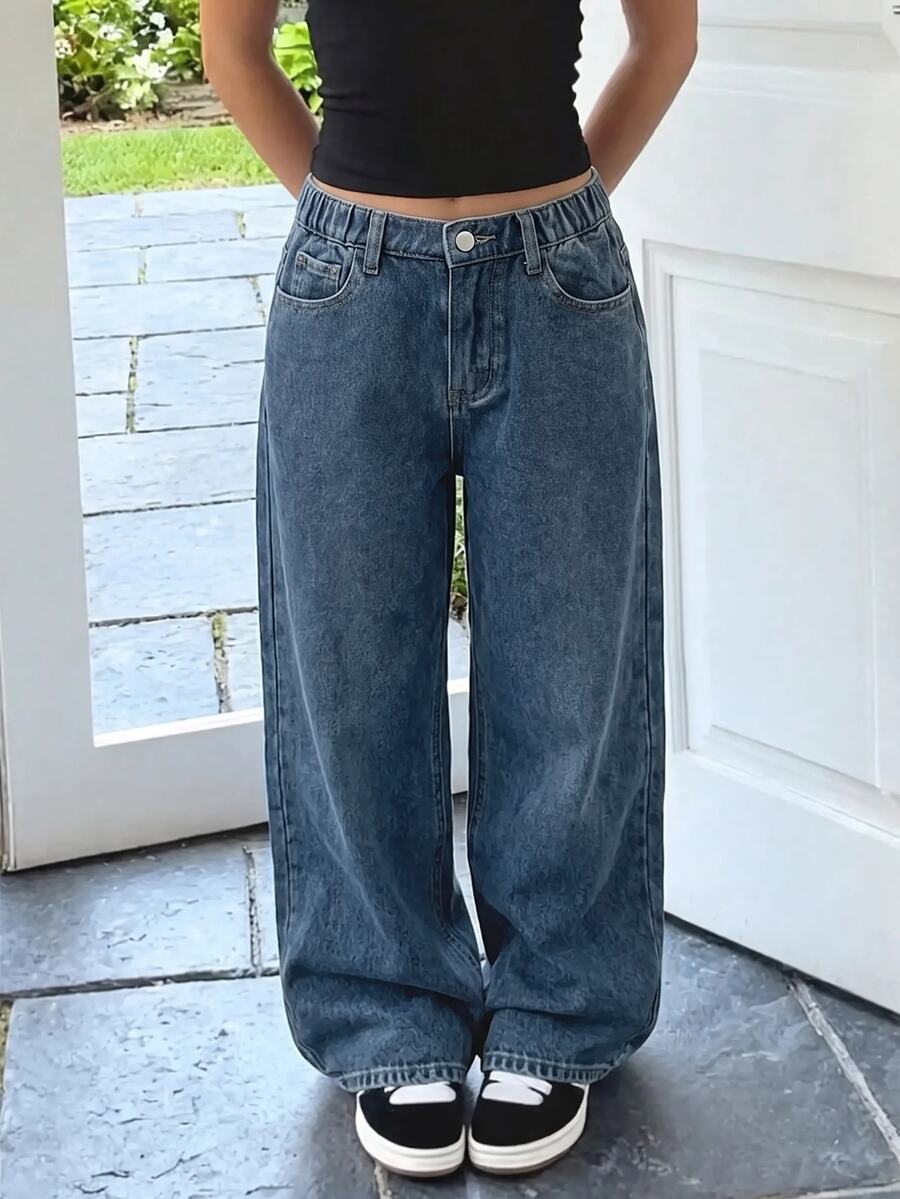 SHEIN Tween Girl Girls' Autumn/Winter Deep Blue Denim Fleece Lined Loose Fit Long Pants - Medium Wash - View 1