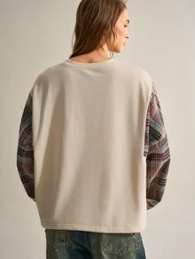 SHEIN Sweatshirt Patchwork Kotak-kotak Bergelombang Warna Aprikot | Kain Katun Nyaman | Model Longgar Vintage | Pakaian untuk Perjalanan Sehari-hari - Coklat - View 2