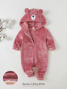 Cozy Pixies 女嬰可愛熊刺繡加厚抓絨連身衣 休閒百搭保暖 秋冬新款 - 粉色 - 查看 6