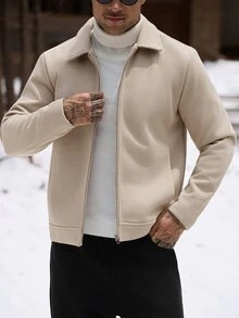 Manfinity Homme 男士休閒純色拉鍊百搭外套 - 卡其色 - 查看 6