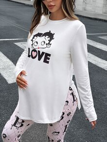 Lyckli Betty Boop x SHEIN Maternity Cartoon Print Split Hem T-Shirt And Adjustable Waist Fitted Leggings 2 Pieces Set - Pink - View 5
