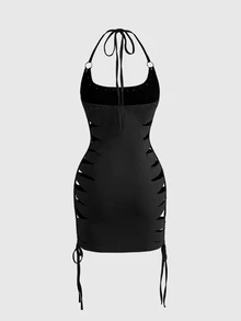 ROMWE Dark Gothic Burnout Hollow Skull Print Contrast Color Halter Neck Fitted Plus Size Short Dress Halloween - Black - View 2