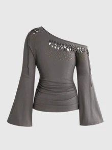 ROMWE Kaos Lengan Panjang Asimetris Longgar dengan Desain Rivet Berlubang Gaya Vintage Y2K Hot Girl Burnout - Grey - View 2